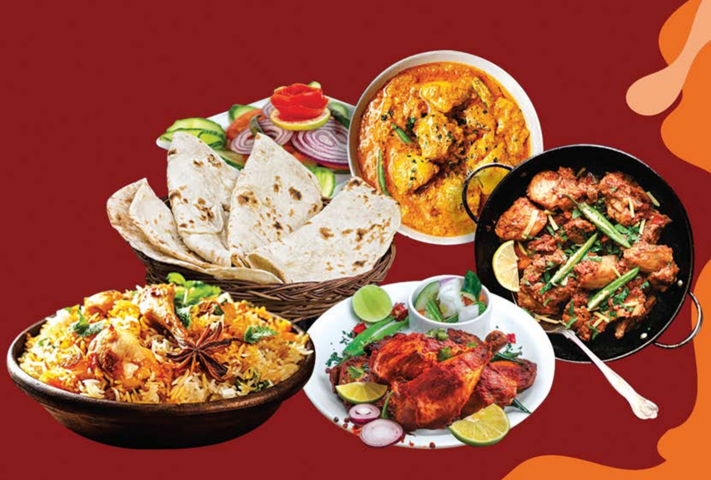 Selection of Al Rayan dishes: biryani, karahi, tandoori chicken and fresh bread